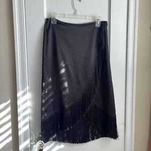 Bailey/44 Asymmetrical Black Satin Fringe Midi Skirt